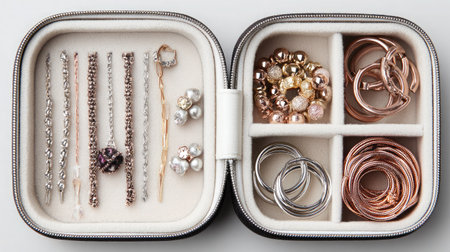 Jewelry storage case with open compartments for rings and necklaces, laid on whiteの素材