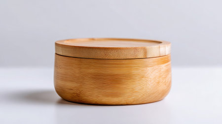 Minimalist bamboo storage container with removable lid positioned on a white backgroundの素材