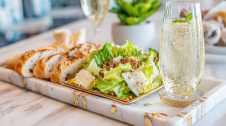 Marble hotel table with elegant serving tray, Caesar salad, sparkling soda, and sliced baguetteの素材