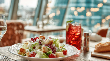 Fresh Caesar salad with parmesan, soda, and warm baguette on chic hotel table in urban suiteの素材