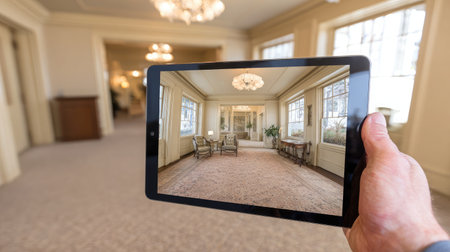 Interior of property with empty walls shown furnished in AR view on tabletの素材