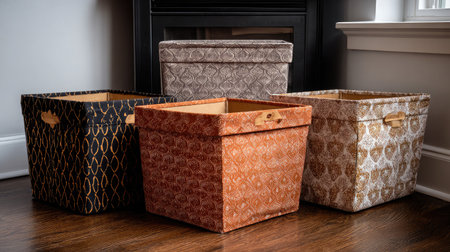 Foldable cube storage bins in modern tones placed together in a symmetrical pattern on whiteの素材