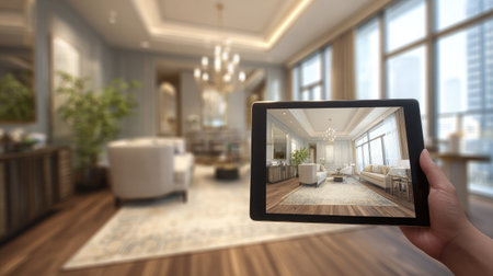 Modern property staging concept with tablet AR placing furniture into empty roomsの素材