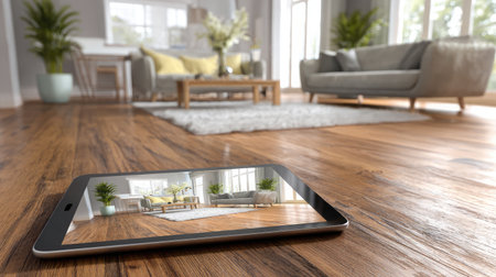 Modern tablet rests on empty property floor, screen showing AR furnished version of roomの素材