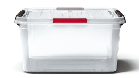 Large plastic storage container with clip-on lid, viewed from above on a white backgroundの素材