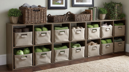 Modern cube-shaped storage bins placed next to each other with uniform spacingの素材