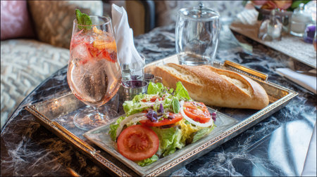 Marble hotel table with elegant serving tray, Caesar salad, sparkling soda, and sliced baguetteの素材