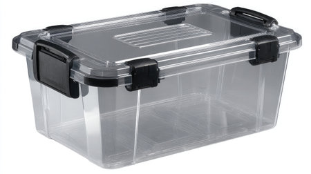 Large plastic storage container with clip-on lid, viewed from above on a white backgroundの素材