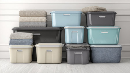 Group of storage boxes labeled and stacked on top of each other on a clean white floorの素材