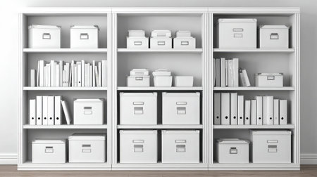 Minimalist storage system featuring labeled drawers and boxes in a white spaceの素材