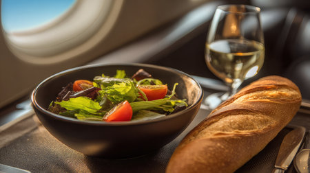 Minimalist photo of hotel meal with salad and baguette in luxurious private suiteの素材