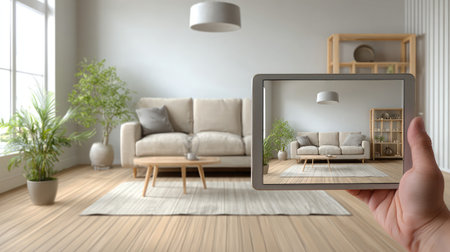 Minimalist interior staged virtually using tablet AR interface on-screenの素材