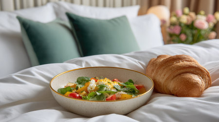 Minimalist photo of hotel meal with salad and baguette in luxurious private suiteの素材