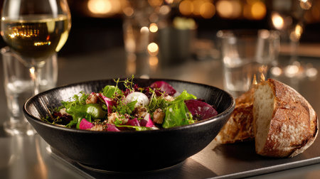 Luxury hotel meal with vibrant salad greens and artisan bread under soft ambient lightingの素材