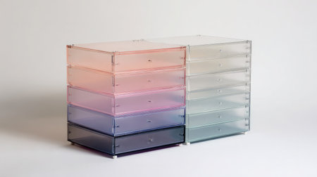 Modular drawer units with translucent drawers in a neat stack on plain white backgroundの素材
