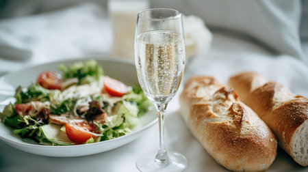 Gourmet room service meal featuring salad, baguette, and fizzy drink in trendy hotel suiteの素材
