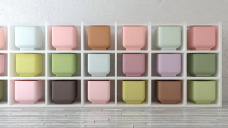 Modern cube-shaped storage bins placed next to each other with uniform spacingの素材