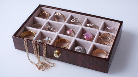 Jewelry storage case with open compartments for rings and necklaces, laid on whiteの素材