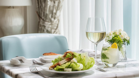 Luxurious hotel room interior featuring room service meal on white marble table with Caesar salad and drinkの素材