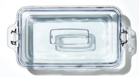 Large plastic storage container with clip-on lid, viewed from above on a white backgroundの素材
