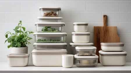 Modern kitchen storage boxes with clear lids stacked in aesthetic order on whiteの素材