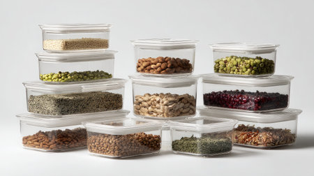 Modern kitchen storage boxes with clear lids stacked in aesthetic order on whiteの素材