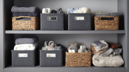 Modern cube-shaped storage bins placed next to each other with uniform spacingの素材