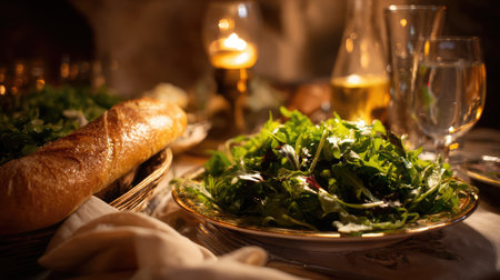 Luxury hotel meal with vibrant salad greens and artisan bread under soft ambient lightingの素材