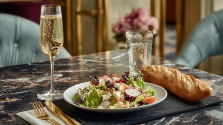 Marble hotel table with elegant serving tray, Caesar salad, sparkling soda, and sliced baguetteの素材