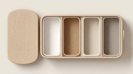 Minimalist wooden storage box with compartments, top-down view on plain white backgroundの素材