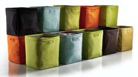 Multiple fabric storage bins in different colors arranged in a grid on a bright white backdropの素材
