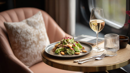 Room service set for one, featuring Caesar salad with croutons and dressing, on chic hotel tableの素材