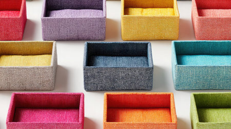 Multiple fabric storage bins in different colors arranged in a grid on a bright white backdropの素材