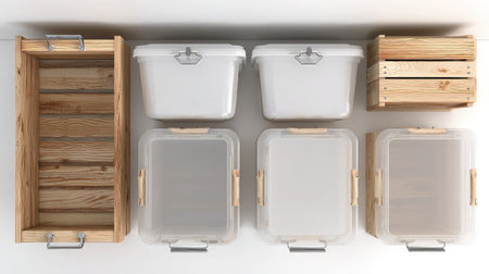 Overhead image of DIY storage containers with modular stacking options shown on whiteの素材