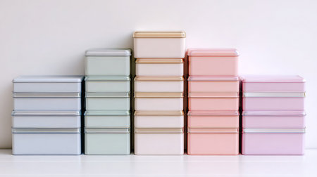 Set of pastel-colored storage bins arranged in gradient order on white surfaceの素材