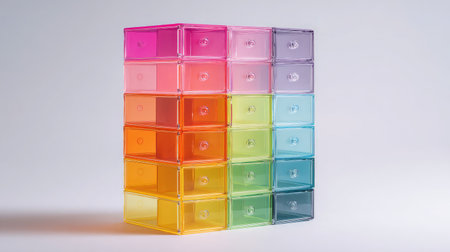 Modular drawer units with translucent drawers in a neat stack on plain white backgroundの素材