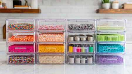 Side view of clear storage boxes filled with colorful crafting supplies on a white backgroundの素材