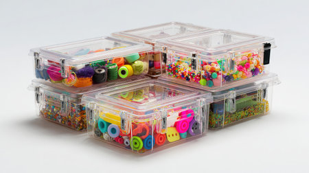 Side view of clear storage boxes filled with colorful crafting supplies on a white backgroundの素材