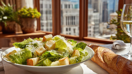 Natural light falling on plated Caesar salad and baguette in city-view hotel roomの素材