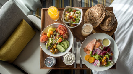 Overhead view of room service tray with soda, salad, and bread in stylish modern city hotel settingの素材