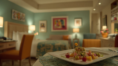 Polished hotel room scene with modern furniture and gourmet room service food in foregroundの素材