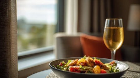 Soft-focus background with clear view of Caesar salad and soda in upscale hotel roomの素材