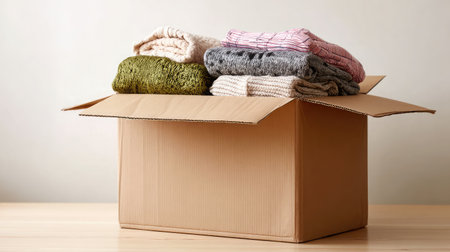 Open cardboard storage box revealing organized items inside, placed on a clean white surfaceの素材