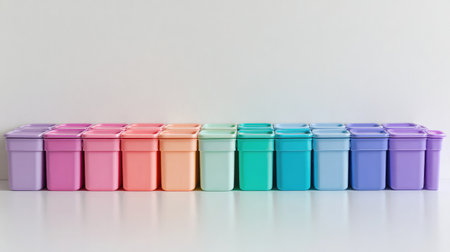Set of pastel-colored storage bins arranged in gradient order on white surfaceの素材