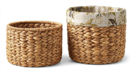 Pair of woven storage baskets with cloth lining side by side on white backgroundの素材