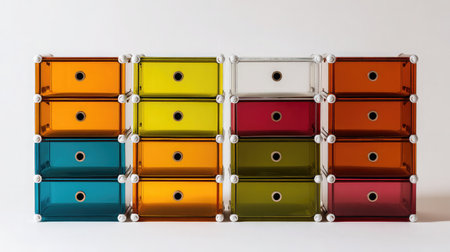 Modular drawer units with translucent drawers in a neat stack on plain white backgroundの素材
