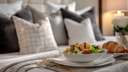 Room service set for one, featuring Caesar salad with croutons and dressing, on chic hotel tableの素材
