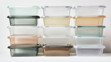 Stack of transparent plastic storage boxes with lids on a white background, neatly aligned in a rowの素材