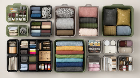 Overhead image of DIY storage containers with modular stacking options shown on whiteの素材