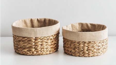Pair of woven storage baskets with cloth lining side by side on white backgroundの素材